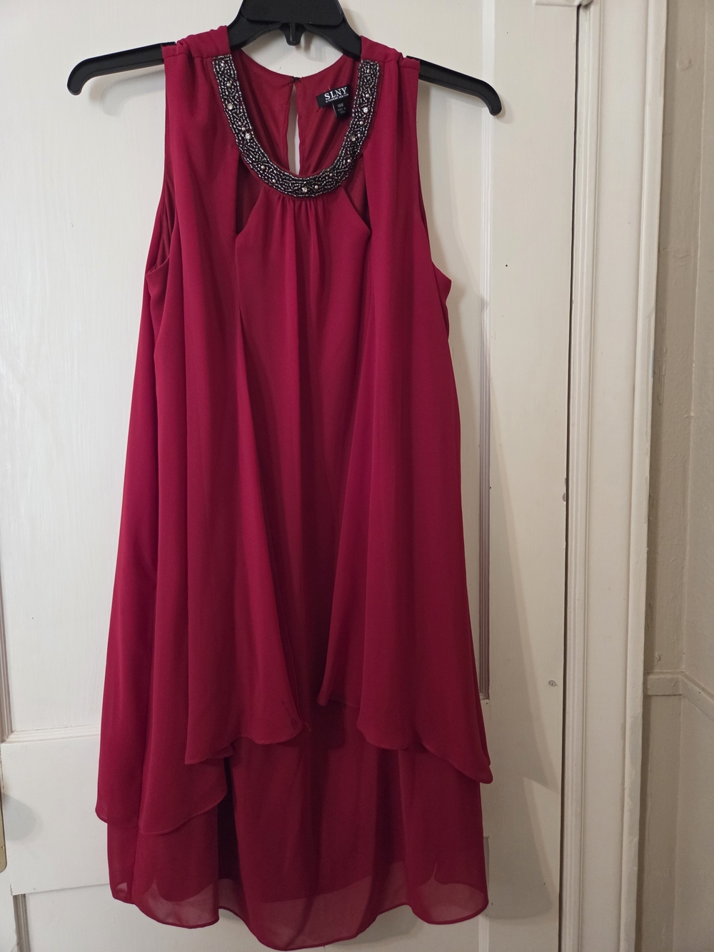 SLNY Beaded Neck Magenta-Red Layered Chiffon Dress 14W